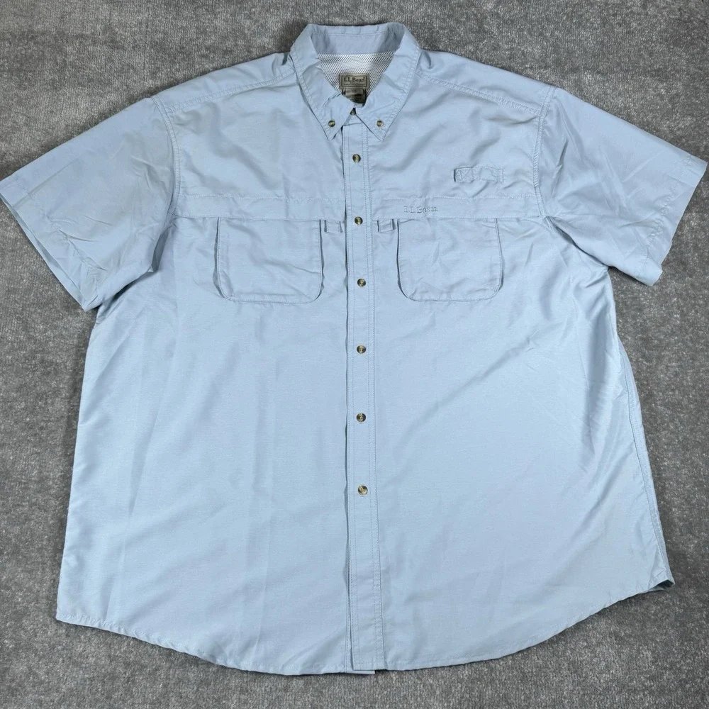 LL Bean Shirt Mens XXL Blue Vented Short Sleeve Button Up Outdoor Hiking Fishing